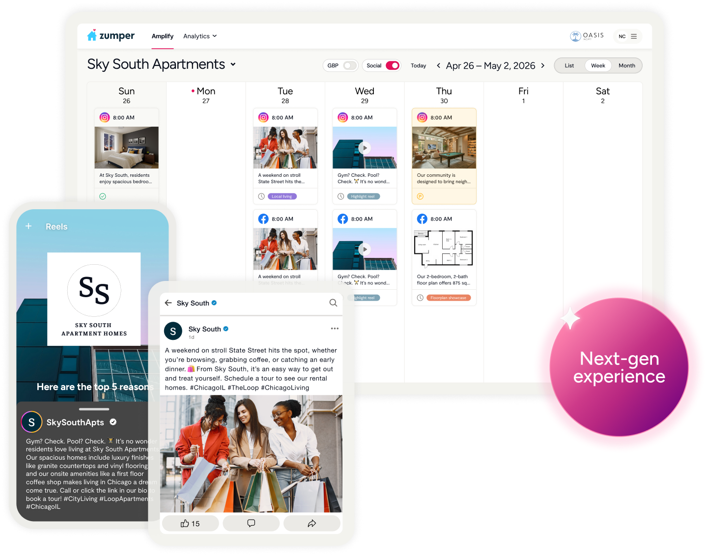 Dashboard showing Instagram and Facebook post automation with examples of posts and videos