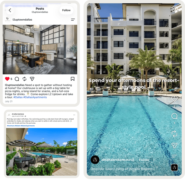 Instagram and Facebook posts showing the result of automated, property-specific social posts and video highlight reels
